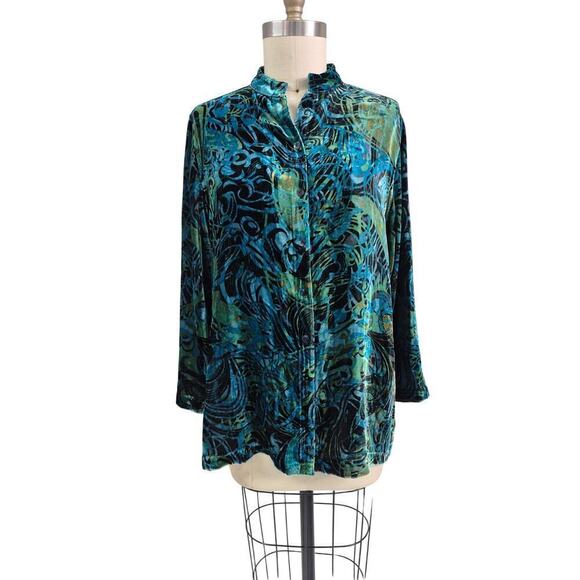 NWT $128.00. Chico's Sz 1 (M) Royal Velvet Long Oolong LS shirt Turquesa. - Picture 1 of 6